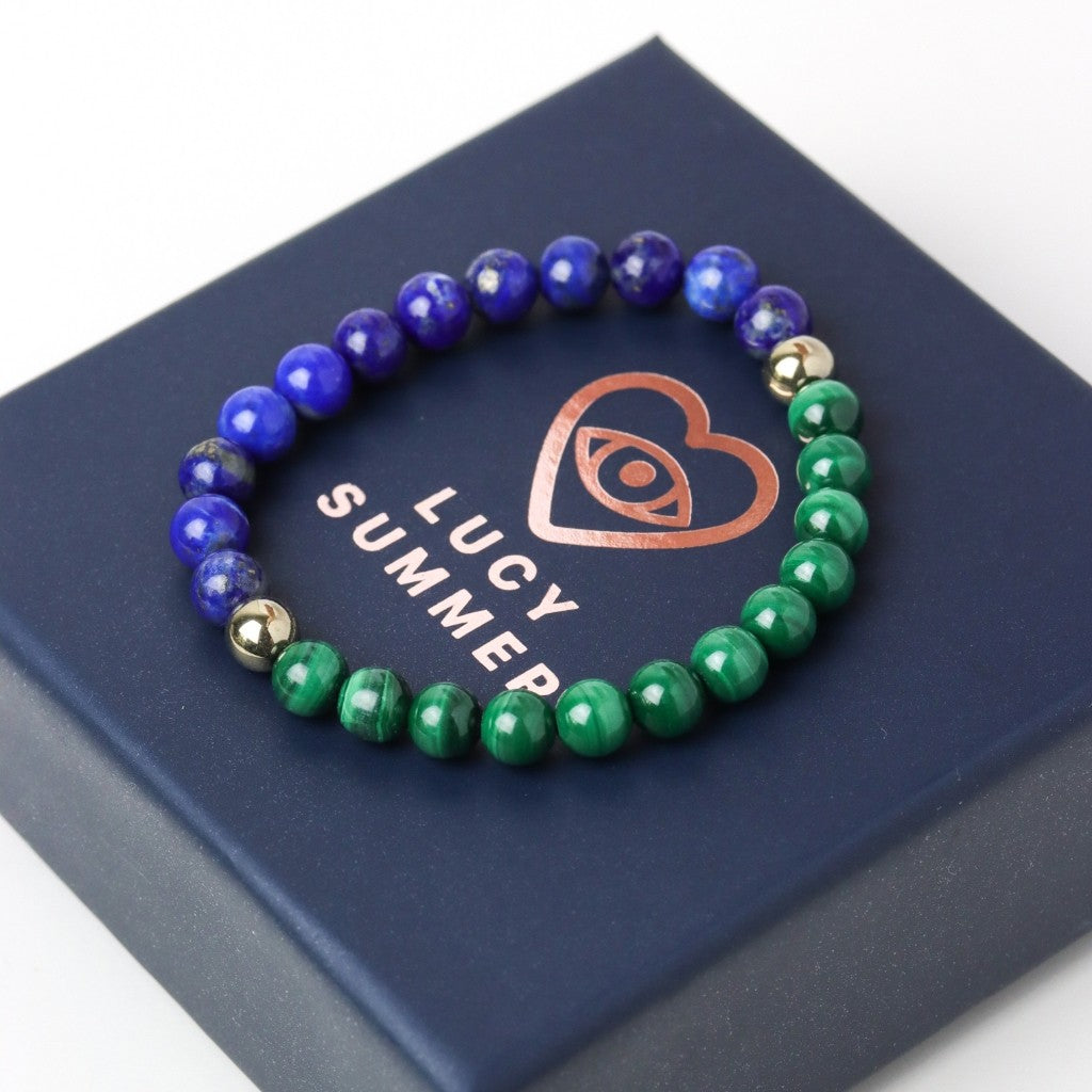 LUCYSUMMER กำไลข้อมือหินแท้  Lapislazuli, Malachite, Pyrite เกรด Premium (กำไลหินแท้ รับประกันหินแท้)