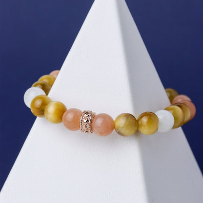 LUCYSUMMER กำไลข้อมือหินแท้ Tiger Eye, Peach Moonstone, Moonstone ขนาด 8 มม พร้อมตัวคั่น Silver 925
