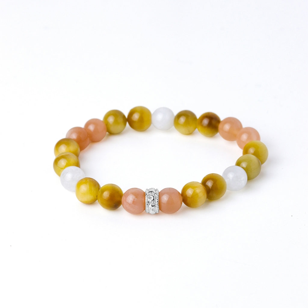 LUCYSUMMER กำไลข้อมือหินแท้ Tiger Eye, Peach Moonstone, Moonstone ขนาด 8 มม พร้อมตัวคั่น Silver 925