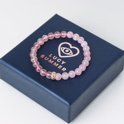 LUCY SUMMER Rose Quartz Madagascar + Strawberry Quartz กำไลข้อมือหินแท้ ขนาด 6 mm/8mm แต่งด้วยจี้ตัวคั่น Spacer เงินแท้