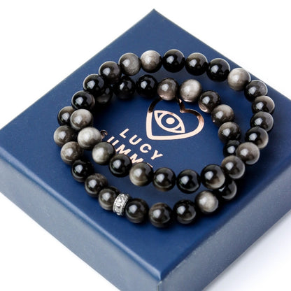 LUCYSUMMER กำไลข้อมือหินแท้ Silver Obsidian AAAAAAAA ขนาด 6-8 มม  - ออบซิเดียน (กำไลหินแท้ รับประกันหินแท้)