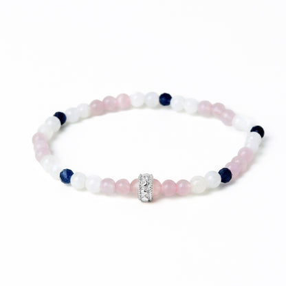 LUCY SUMMER กำไลข้อมือหินแท้ Rose Quartz, Moonstone, Blue Sapphire ขนาด 4 mm +จี้ตัวคั่น Spacer