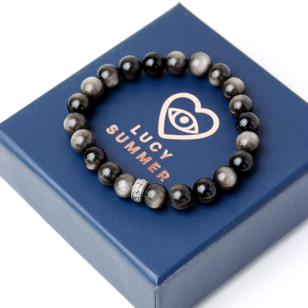 LUCYSUMMER กำไลข้อมือหินแท้ Silver Obsidian AAAAAAAA ขนาด 6-8 มม  - ออบซิเดียน (กำไลหินแท้ รับประกันหินแท้)