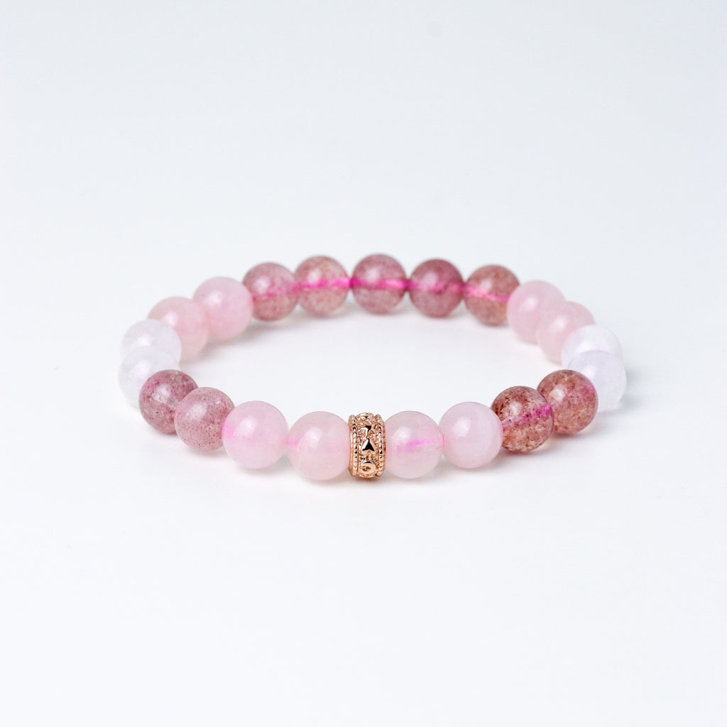 LUCY SUMMER Rose Quartz + Strawberry + Moonstone กำไลข้อมือหินแท้ 6/8mm จี้ตัวคั่น Spacer เงินแท้