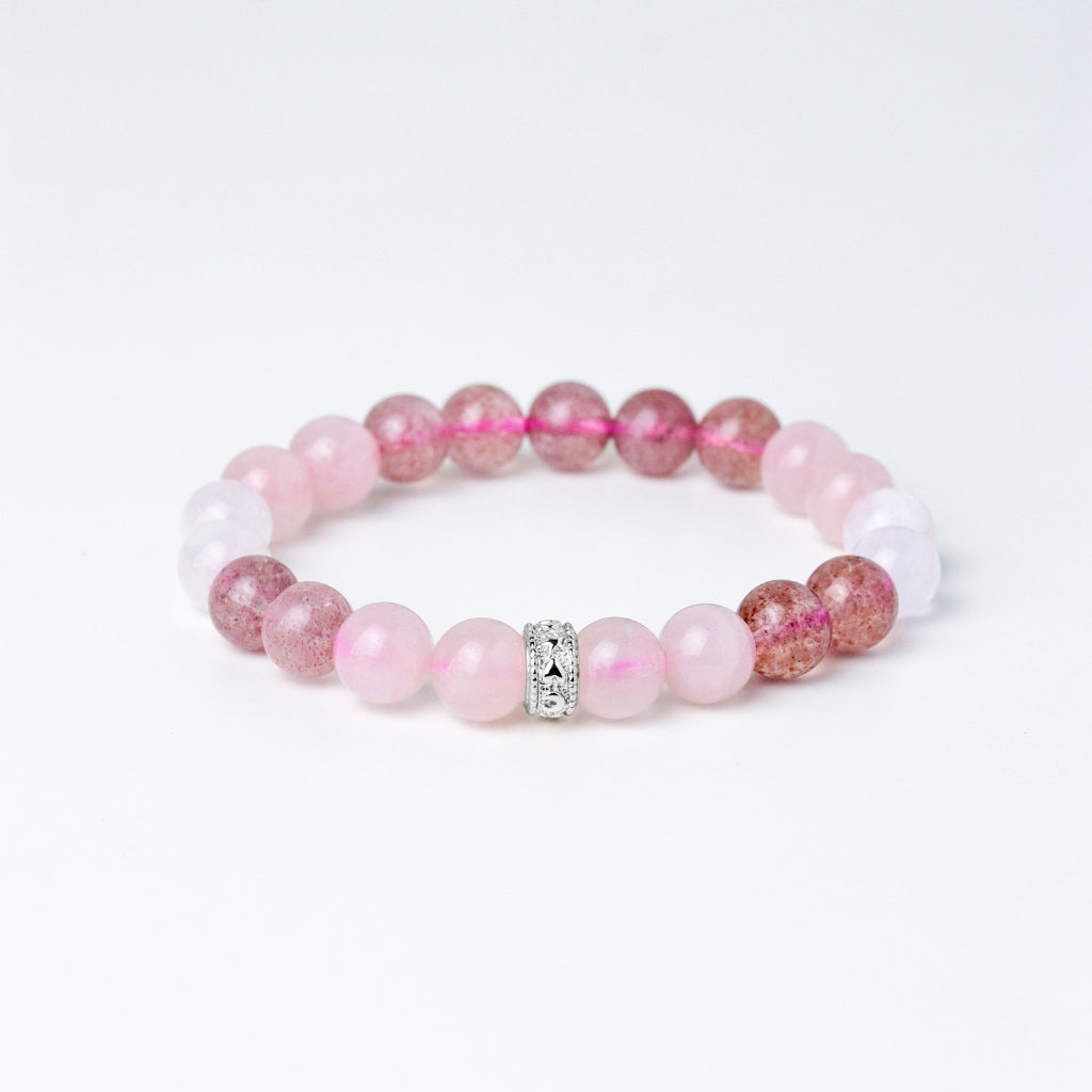LUCY SUMMER Rose Quartz + Strawberry + Moonstone กำไลข้อมือหินแท้ 6/8mm จี้ตัวคั่น Spacer เงินแท้