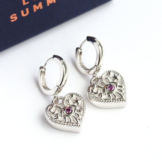 LUCYSUMMER ต่างหูห่วง ห้อยจี้รูปหัวใจ ฝังพลอย เงินแท้ (รุ่น LUNA LOVE Earrings Silver 925)