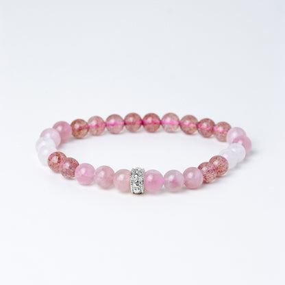 LUCY SUMMER Rose Quartz + Strawberry + Moonstone กำไลข้อมือหินแท้ 6/8mm จี้ตัวคั่น Spacer เงินแท้