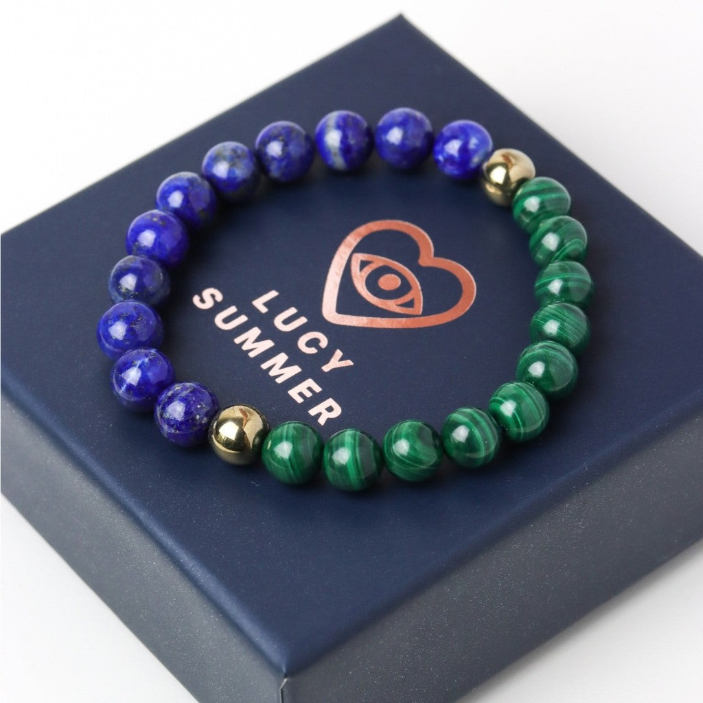 LUCYSUMMER กำไลข้อมือหินแท้  Lapislazuli, Malachite, Pyrite เกรด Premium (กำไลหินแท้ รับประกันหินแท้)