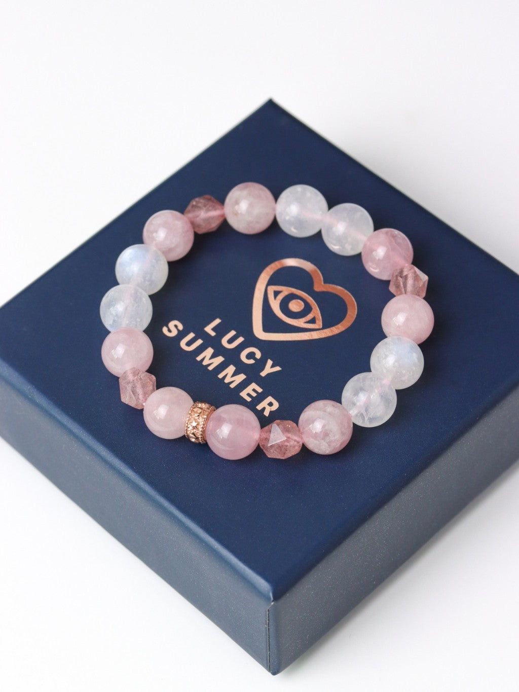 LUCYSUMMER Rose Quartz + Strawberry Cut + Moonstone กำไลข้อมือหินแท้ 10 mm จี้ตัวคั่นเงินแท้