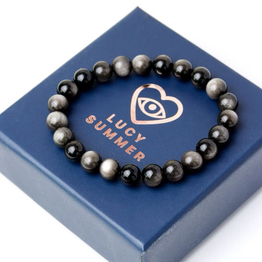 LUCYSUMMER กำไลข้อมือหินแท้ Silver Obsidian AAAAAAAA ขนาด 6-8 มม  - ออบซิเดียน (กำไลหินแท้ รับประกันหินแท้)