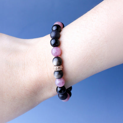 LUCYSUMMER กำไลข้อมือหินแท้ Black Pink - Rose Quartz , Silver Obsidian, Lava และ Onyx ขนาด 8 มม. พร้อมตัวคั่น Spacer