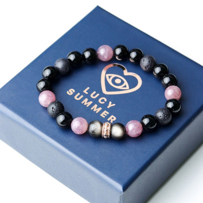 LUCYSUMMER กำไลข้อมือหินแท้ Black Pink - Rose Quartz , Silver Obsidian, Lava และ Onyx ขนาด 8 มม. พร้อมตัวคั่น Spacer