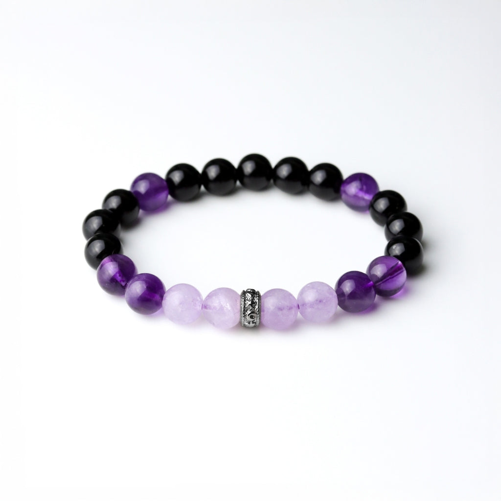 LUCYSUMMER กำไลข้อมือหินแท้ Black Violet - Amethyst, Lavender Amethyst และ Onyx ขนาด 8 มม. พร้อมตัวคั่น Spacer