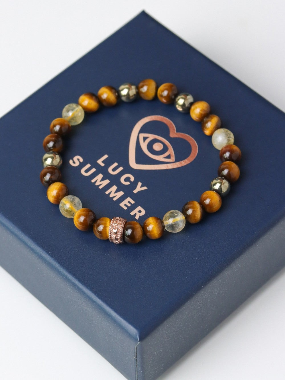 LUCYSUMMER Tiger Eye + Citrine + Pyrite กำไลข้อมือหินแท้ ขนาด 6 mm แต่งด้วยจี้ตัวคั่น Spacer เงินแท้ Silver 925
