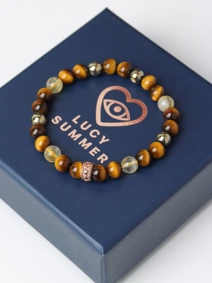 LUCYSUMMER Tiger Eye + Citrine + Pyrite กำไลข้อมือหินแท้ ขนาด 6 mm แต่งด้วยจี้ตัวคั่น Spacer เงินแท้ Silver 925