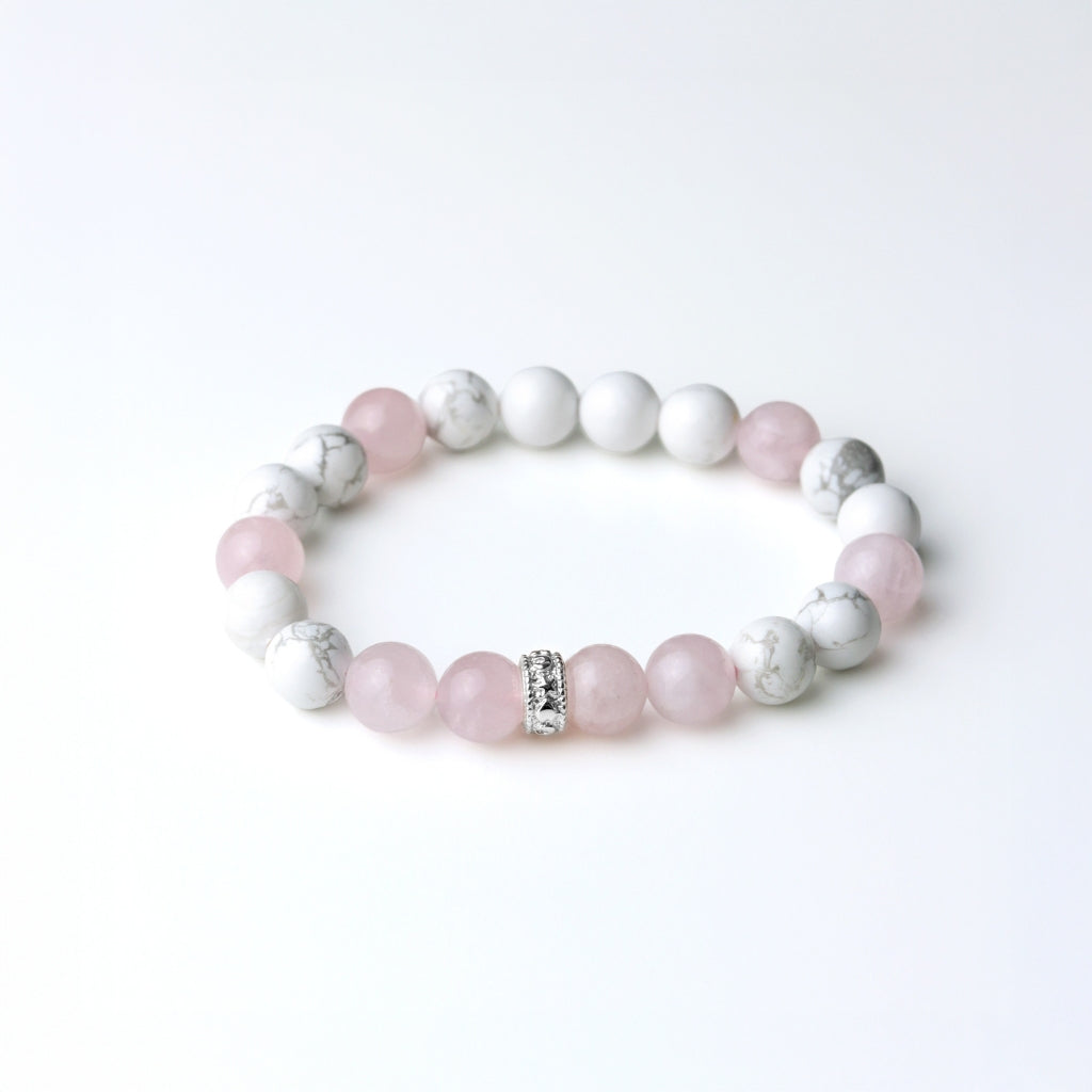 LUCYSUMMER กำไลข้อมือหินแท้ Rose Quartz และ Howlite ขนาด 8 มม. พร้อมตัวคั่น Spacer