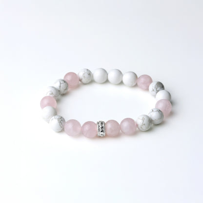 LUCYSUMMER กำไลข้อมือหินแท้ Rose Quartz และ Howlite ขนาด 8 มม. พร้อมตัวคั่น Spacer