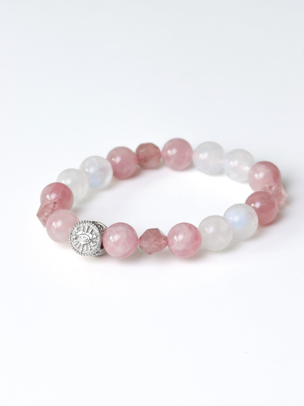 LUCYSUMMER Rose Quartz + Strawberry Cut + Moonstone กำไลข้อมือหินแท้ 10 mm จี้ตัวคั่นเงินแท้