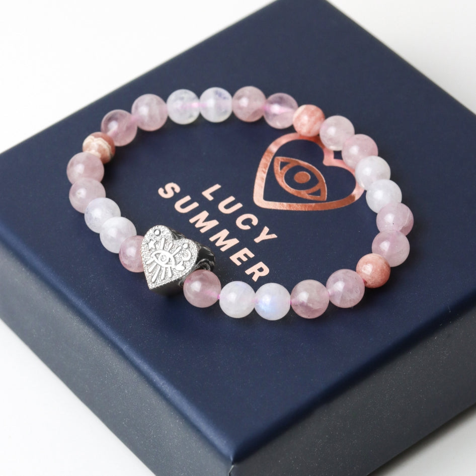 LUCYSUMMER กำไลหินแท้ หินเสริมความรักดีที่สุด Moonstone, Rhodochrosite และ Rose Quartz