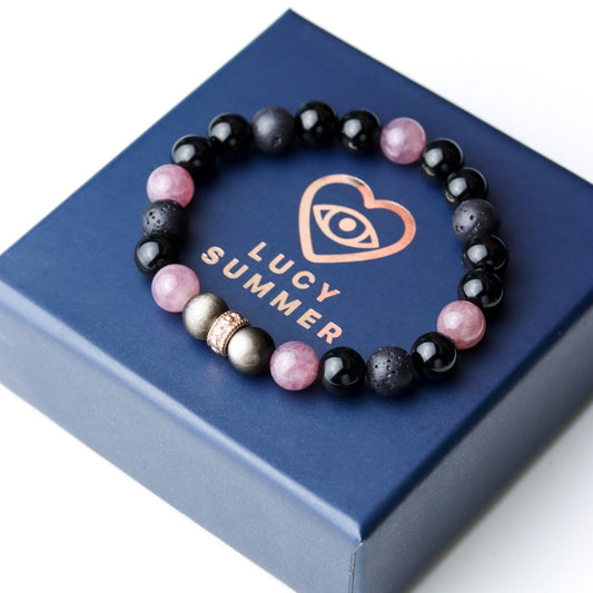 LUCYSUMMER กำไลข้อมือหินแท้ Black Pink - Rose Quartz , Silver Obsidian, Lava และ Onyx ขนาด 8 มม. พร้อมตัวคั่น Spacer