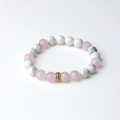 LUCYSUMMER กำไลข้อมือหินแท้ Rose Quartz และ Howlite ขนาด 8 มม. พร้อมตัวคั่น Spacer