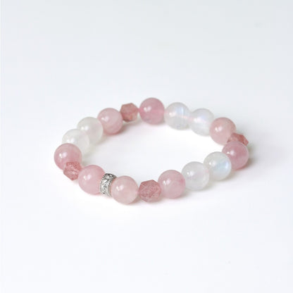 LUCYSUMMER Rose Quartz + Strawberry Cut + Moonstone กำไลข้อมือหินแท้ 10 mm จี้ตัวคั่นเงินแท้