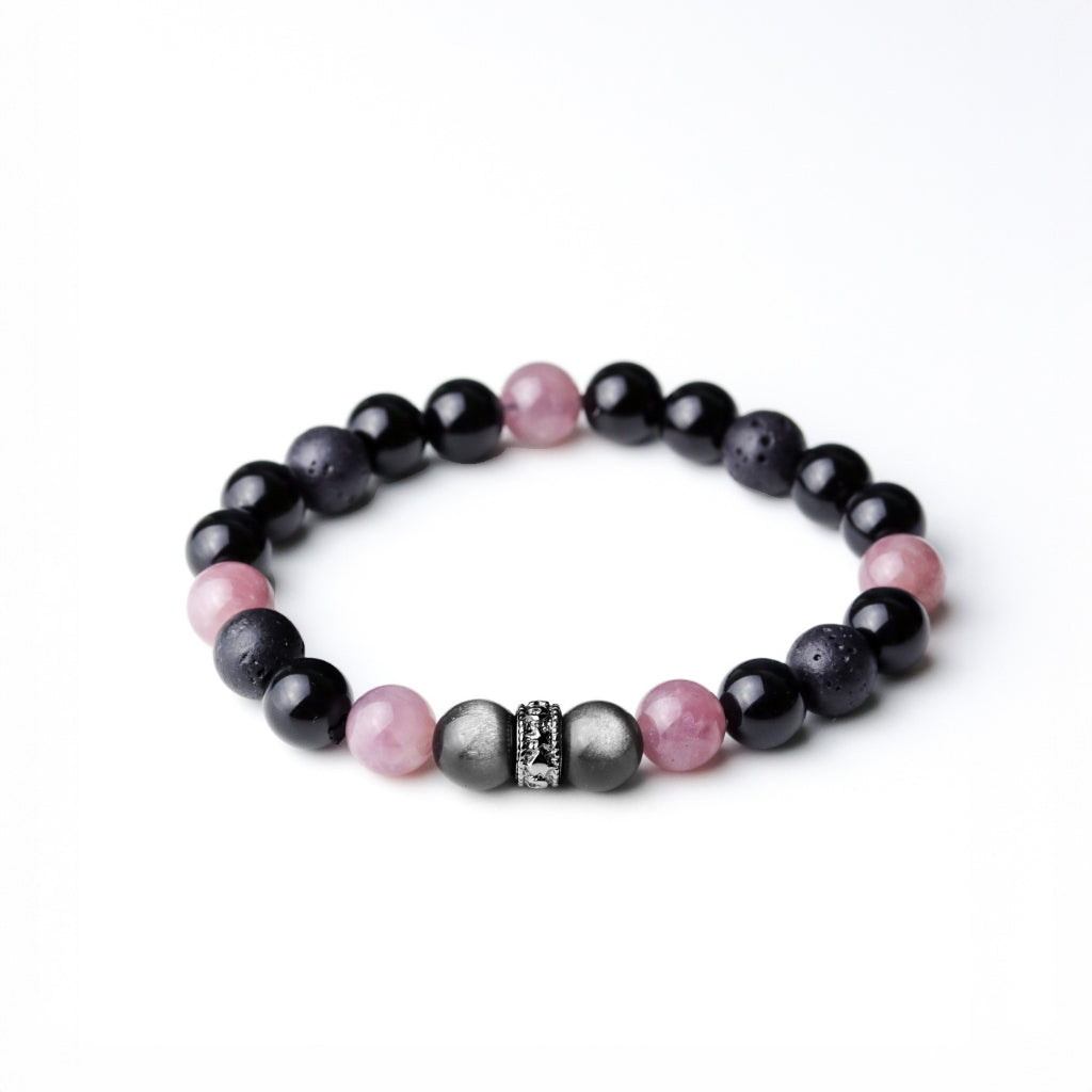 LUCYSUMMER กำไลข้อมือหินแท้ Black Pink - Rose Quartz , Silver Obsidian, Lava และ Onyx ขนาด 8 มม. พร้อมตัวคั่น Spacer