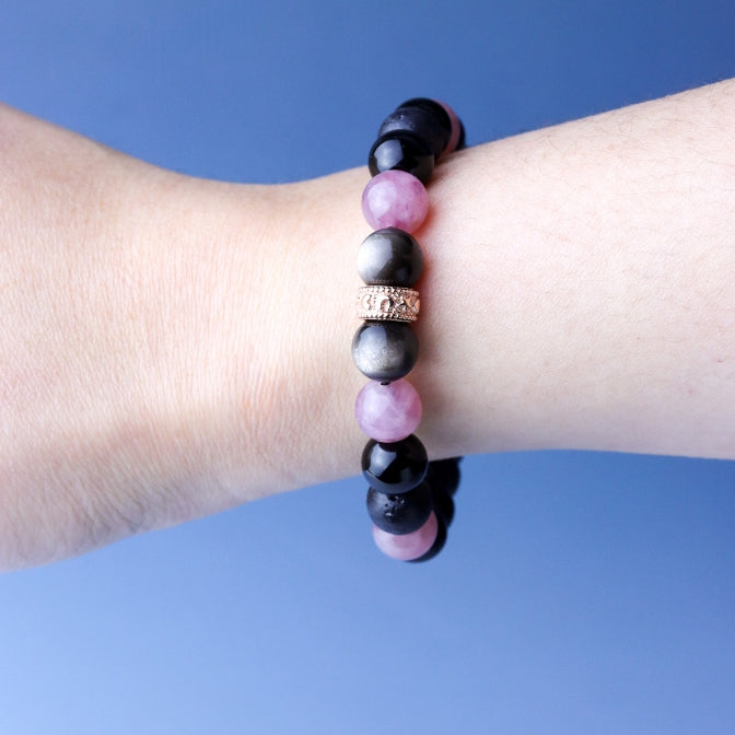 LUCYSUMMER กำไลข้อมือหินแท้ Black Pink - Rose Quartz , Silver Obsidian, Lava และ Onyx ขนาด 8 มม. พร้อมตัวคั่น Spacer