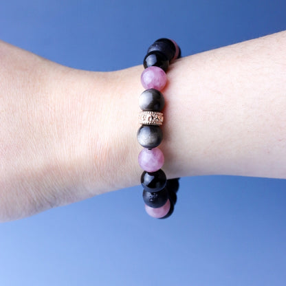 LUCYSUMMER กำไลข้อมือหินแท้ Black Pink - Rose Quartz , Silver Obsidian, Lava และ Onyx ขนาด 8 มม. พร้อมตัวคั่น Spacer