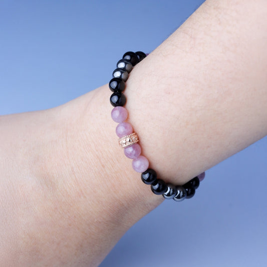 LUCYSUMMER กำไลข้อมือหินแท้ Black Pink - Rose Quartz , Hematite และ Onyx ขนาด 6 มม. พร้อมตัวคั่น Spacer