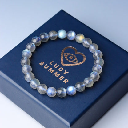 LUCYSUMMER กำไลข้อมือหิน Labradorite สีเทาควันบุหรี่ เหลือบแสงสีฟ้าเขียวน้ำเงิน