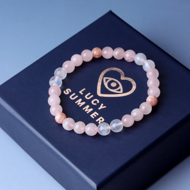 LUCYSUMMER กำไลหินแท้ หินเสริมความรักดีที่สุด Moonstone, Rhodochrosite และ Rose Quartz