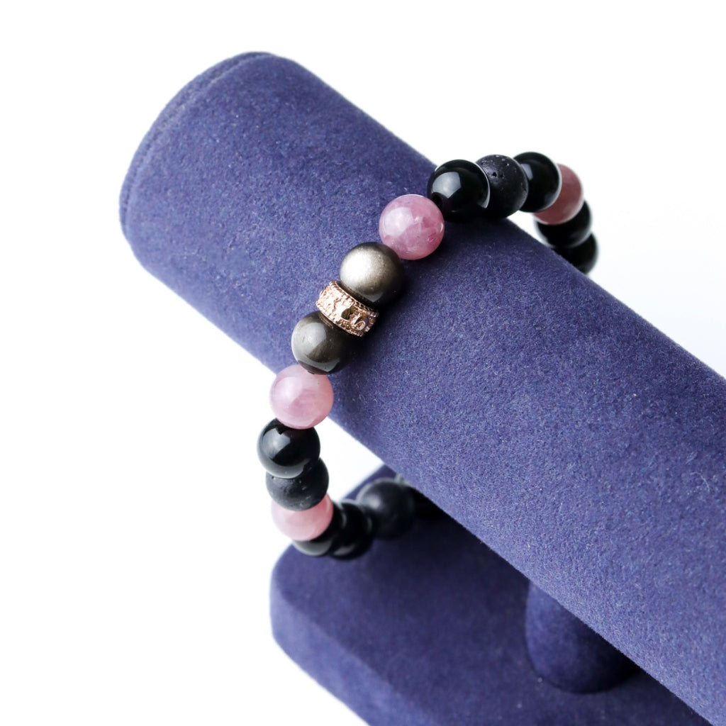LUCYSUMMER กำไลข้อมือหินแท้ Black Pink - Rose Quartz , Silver Obsidian, Lava และ Onyx ขนาด 8 มม. พร้อมตัวคั่น Spacer