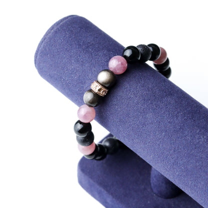 LUCYSUMMER กำไลข้อมือหินแท้ Black Pink - Rose Quartz , Silver Obsidian, Lava และ Onyx ขนาด 8 มม. พร้อมตัวคั่น Spacer