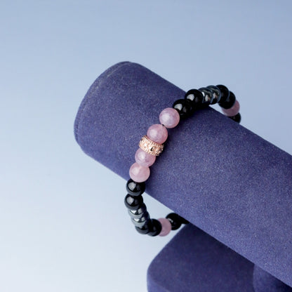 LUCYSUMMER กำไลข้อมือหินแท้ Black Pink - Rose Quartz , Hematite และ Onyx ขนาด 6 มม. พร้อมตัวคั่น Spacer