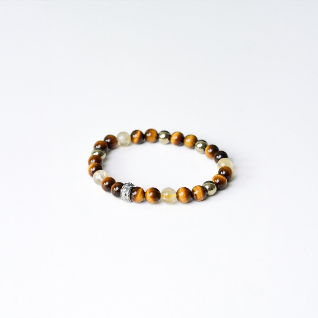 LUCYSUMMER Tiger Eye + Citrine + Pyrite กำไลข้อมือหินแท้ ขนาด 6 mm แต่งด้วยจี้ตัวคั่น Spacer เงินแท้ Silver 925