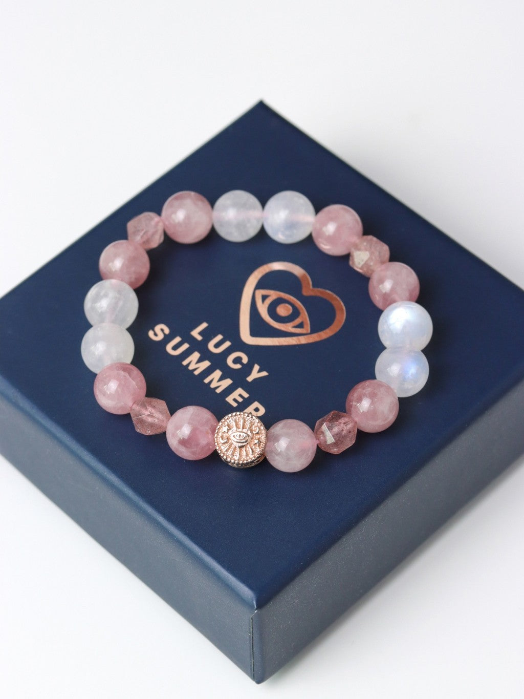 LUCYSUMMER Rose Quartz + Strawberry Cut + Moonstone กำไลข้อมือหินแท้ 10 mm จี้ตัวคั่นเงินแท้