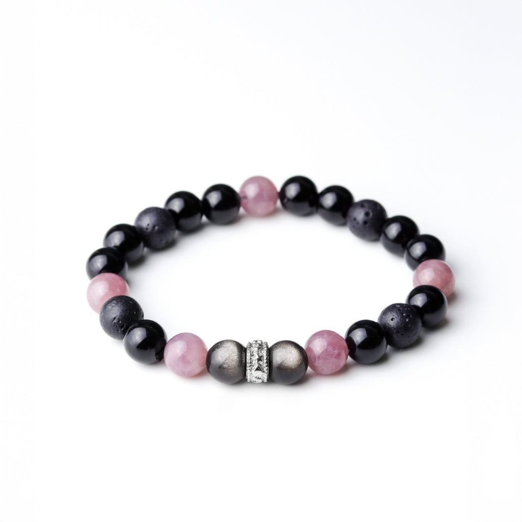 LUCYSUMMER กำไลข้อมือหินแท้ Black Pink - Rose Quartz , Silver Obsidian, Lava และ Onyx ขนาด 8 มม. พร้อมตัวคั่น Spacer