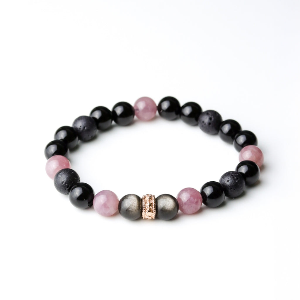 LUCYSUMMER กำไลข้อมือหินแท้ Black Pink - Rose Quartz , Silver Obsidian, Lava และ Onyx ขนาด 8 มม. พร้อมตัวคั่น Spacer