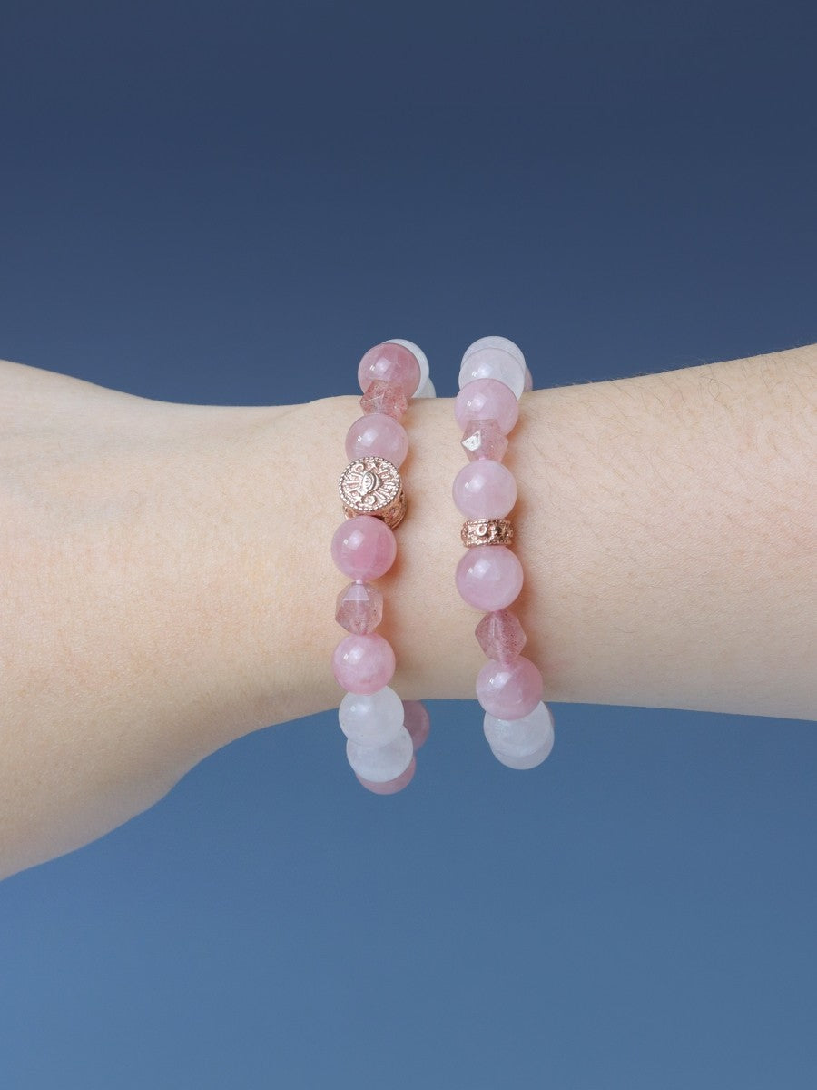 LUCYSUMMER Rose Quartz + Strawberry Cut + Moonstone กำไลข้อมือหินแท้ 10 mm จี้ตัวคั่นเงินแท้