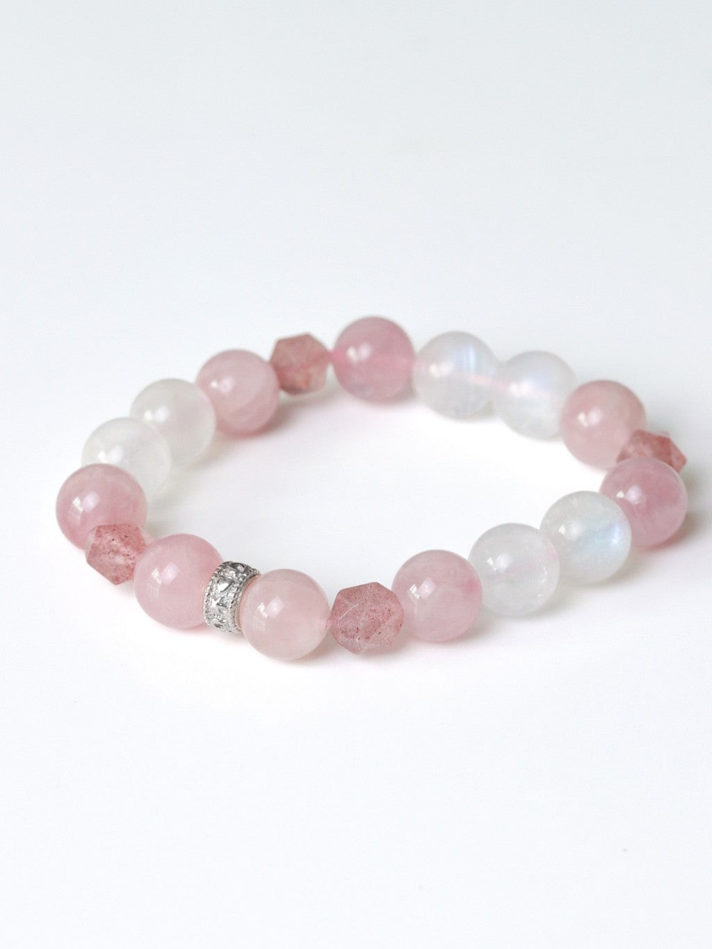 LUCYSUMMER Rose Quartz + Strawberry Cut + Moonstone กำไลข้อมือหินแท้ 10 mm จี้ตัวคั่นเงินแท้