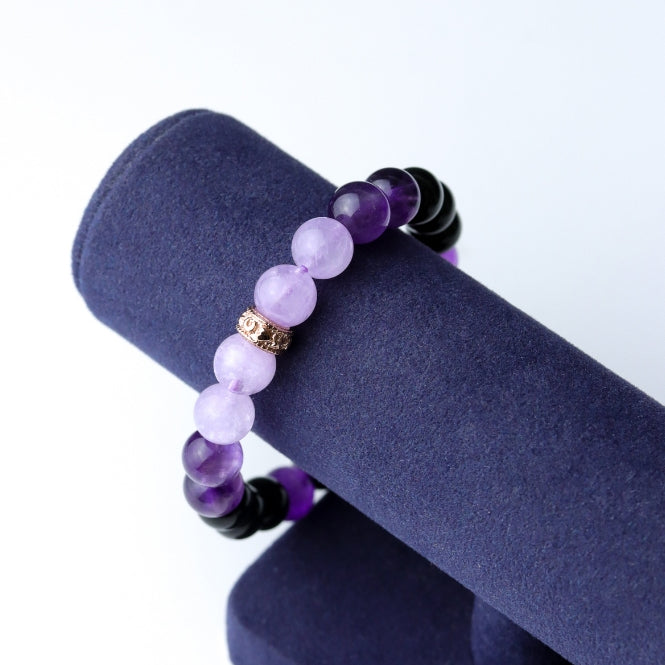 LUCYSUMMER กำไลข้อมือหินแท้ Black Violet - Amethyst, Lavender Amethyst และ Onyx ขนาด 8 มม. พร้อมตัวคั่น Spacer