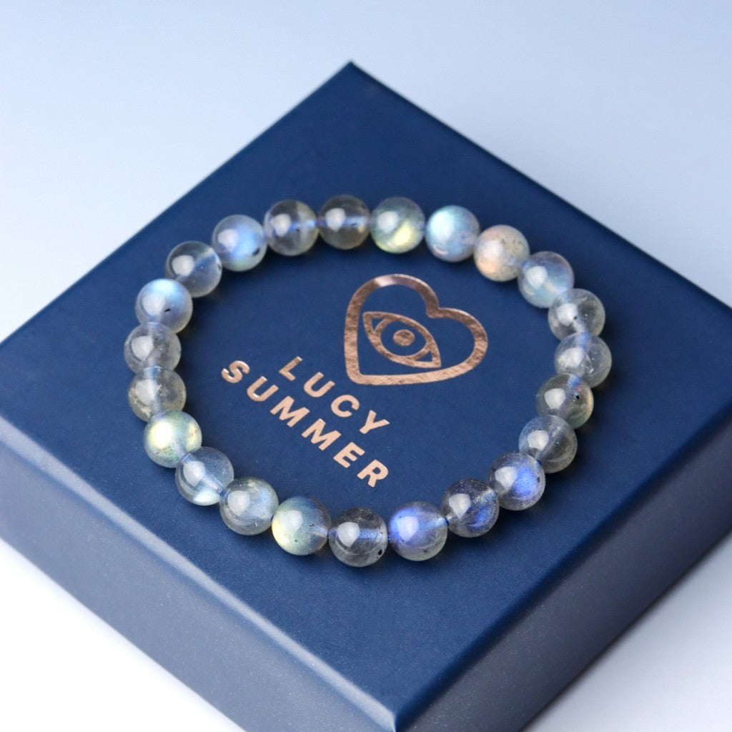 LUCYSUMMER กำไลข้อมือหิน Labradorite สีเทาควันบุหรี่ เหลือบแสงสีฟ้าเขียวน้ำเงิน