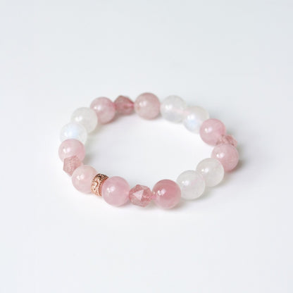 LUCYSUMMER Rose Quartz + Strawberry Cut + Moonstone กำไลข้อมือหินแท้ 10 mm จี้ตัวคั่นเงินแท้