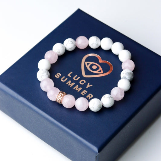 LUCYSUMMER กำไลข้อมือหินแท้ Rose Quartz และ Howlite ขนาด 8 มม. พร้อมตัวคั่น Spacer