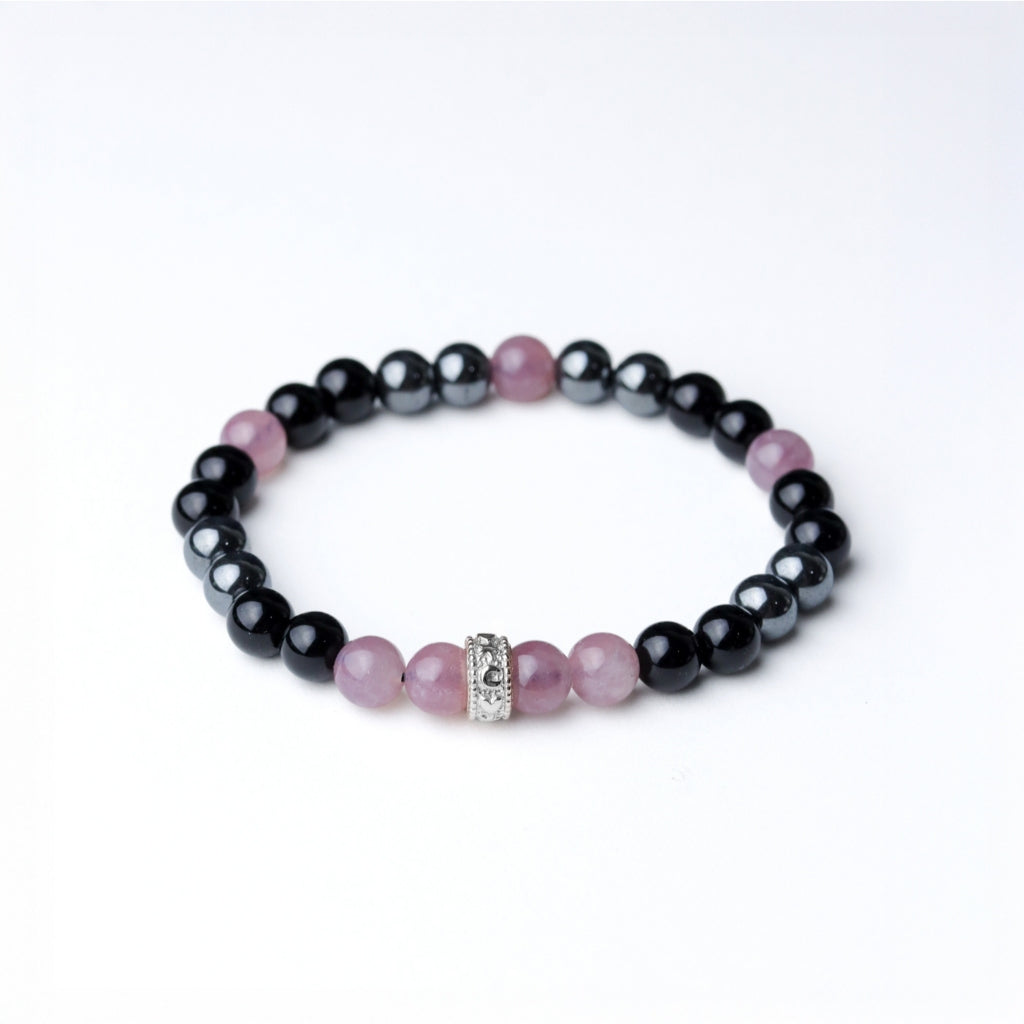 LUCYSUMMER กำไลข้อมือหินแท้ Black Pink - Rose Quartz , Hematite และ Onyx ขนาด 6 มม. พร้อมตัวคั่น Spacer