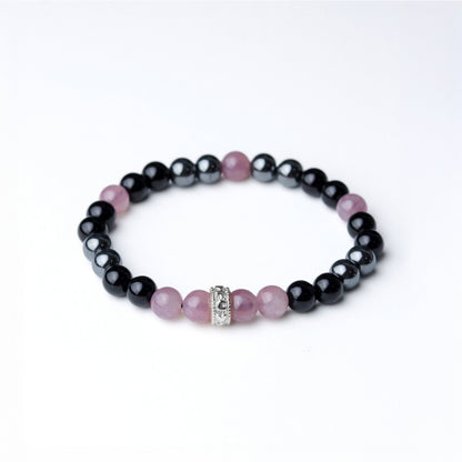 LUCYSUMMER กำไลข้อมือหินแท้ Black Pink - Rose Quartz , Hematite และ Onyx ขนาด 6 มม. พร้อมตัวคั่น Spacer