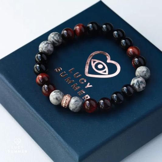 RED SILVER BLACK / หินแท้ 3 ชนิด พร้อมตัวคั่น Spacer เงินแท้ Beads Bracelet