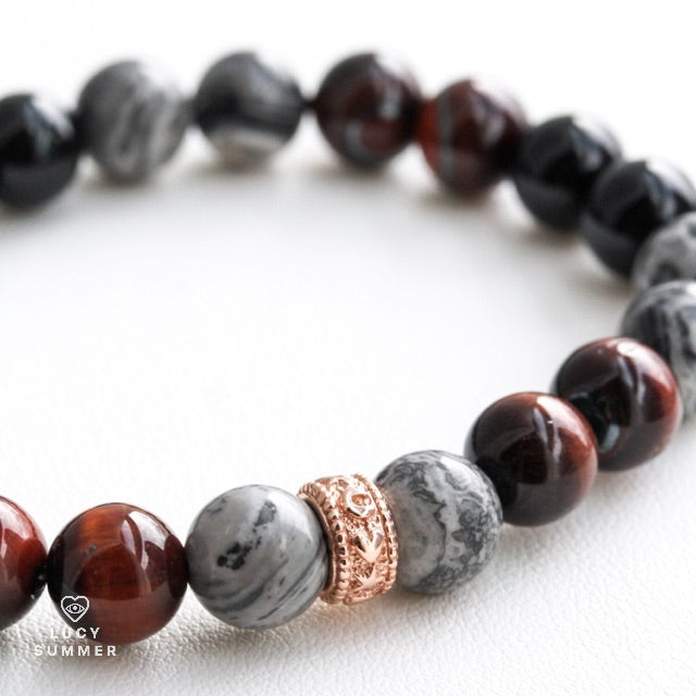 RED SILVER BLACK / หินแท้ 3 ชนิด พร้อมตัวคั่น Spacer เงินแท้ Beads Bracelet